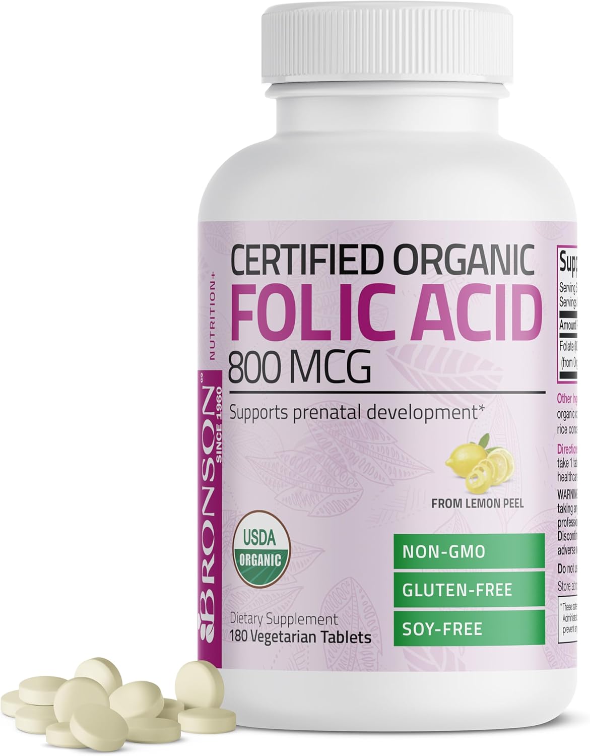 Bronson Organic Folic Acid (Vitamin B9 Folate) 800 mcg Folate from Lemon Peel, 180 Tablets - görsel 1