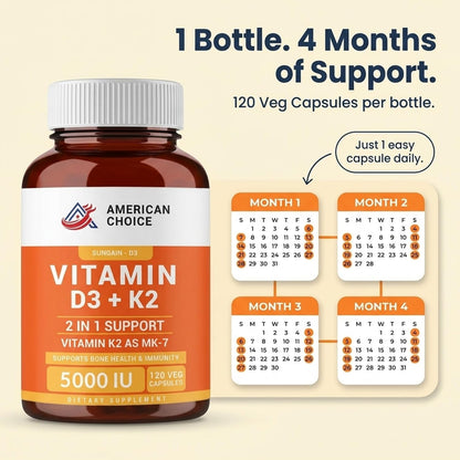Vitamin D3 5000 IU – Enhanced Bone, Heart & Immune Support – Supports Calcium Absorption, Clean & Trusted Formula for Daily Wellness + Vitamin K2 (MK-7) 100 mcg – 120 Capsules