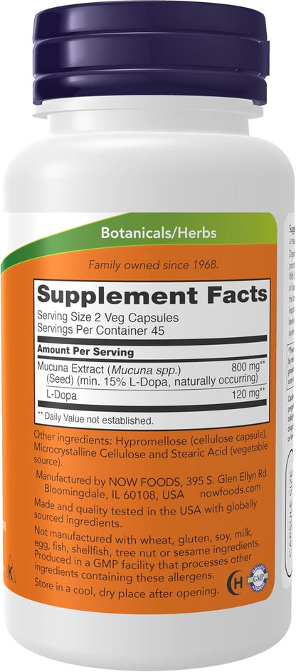NOW Supplements, DOPA Mucuna, Standardised Mucuna Extract with Naturally Occurring 15% L-Dopa, 90 Veg Capsules