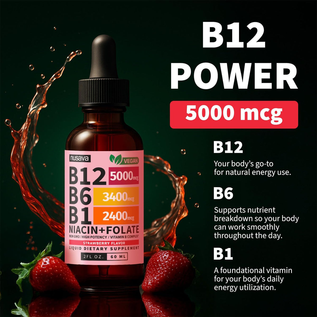 NUSAVA Vitamin B12 Liquid Drops 5000mcg - B-Complex with B6 and B1 - Sublingual Methylcobalamin, Vegan, Non-GM, Strawberry Flavour (2 Pack) - görsel 5