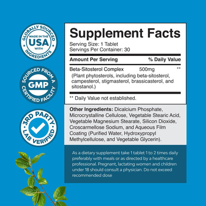 Plant Sterols Complex with Beta Sitosterol - 500mg Beta-Sitosterol Sterols and Stanols Supplement for Heart Health and Prostate Support - 30 Capsules