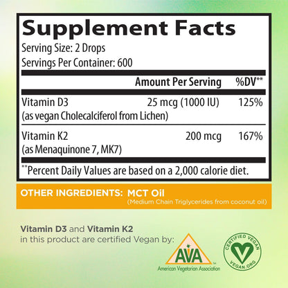 Vegan Liquid Drops Vitamin D3 K2 (MK-7) - Plant-Based with Coconut Oil for Improved Absorption - 1000 IU D3 & 200 mcg K2 per Serving