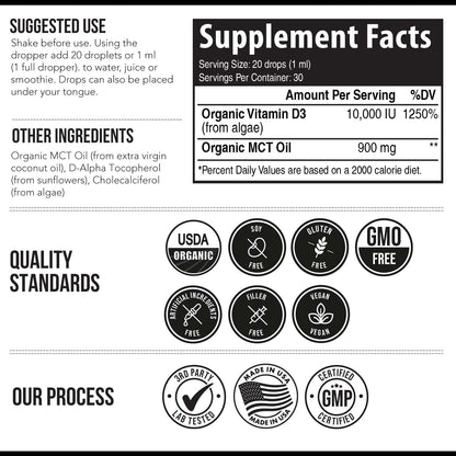 Organic Vitamin D3 10,000 IU – Vegan Drops, Plant-Based