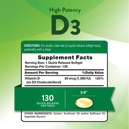 Nature's Truth Vitamin D3 1000 IU (25 µg) Soft Capsules – 130 Quick Release