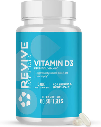 Revive MD Vitamin D3 5000 IU Food Supplement – High Potency Cholecalciferol for Immune & Bone Health – Non-GMO, 60 Softgels