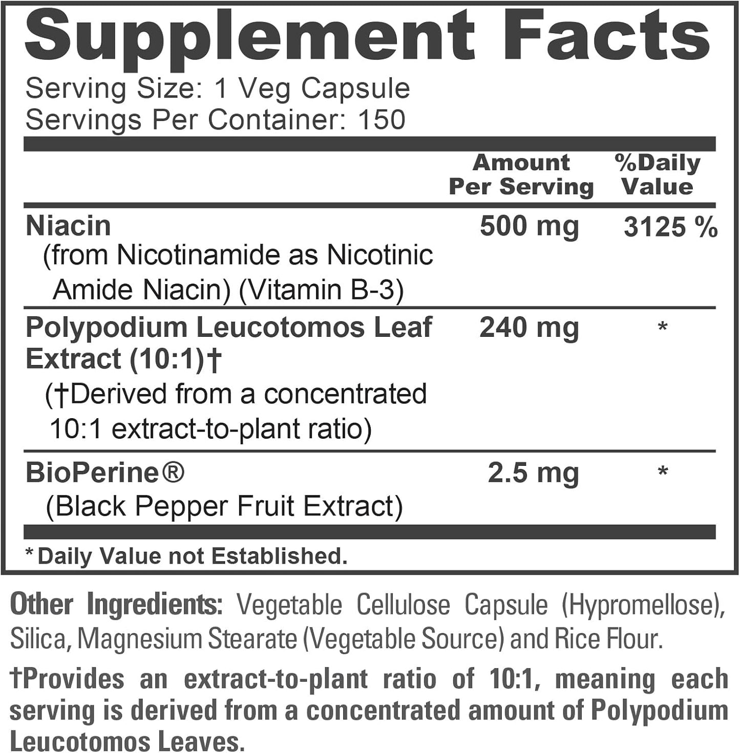 NusaPure Polypodium Nicotinamide Capsules, 240 mg, 150 Veg Capsules - görsel 4