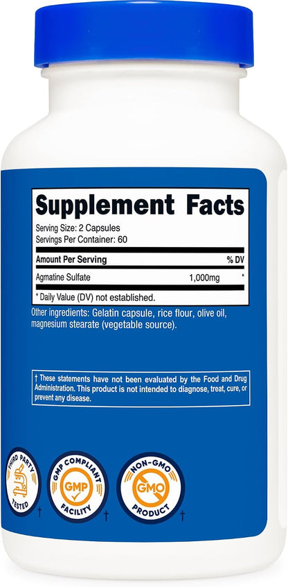 Nutricost Agmatine Sulphate 1000mg, 120 Capsules – Gluten-free, Non GMO