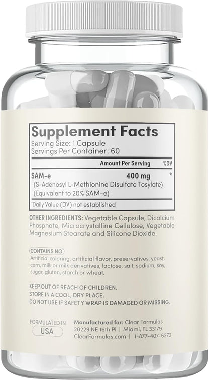 Clear Formulae Bioactive SAM-e 400mg - High Strength SAM-e Supplement for Liver and Mood Support (60 Servings)