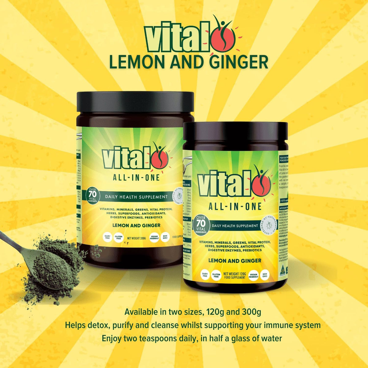 Vital All-in-One Daily Powdered Supplement - Natural Greens Superfood Powder for Energy & Wellbeing, Super Greens Powder Drink Mix with Probiotic & Antioxidant Support - Lemon & Ginger, 120 g - görsel 2