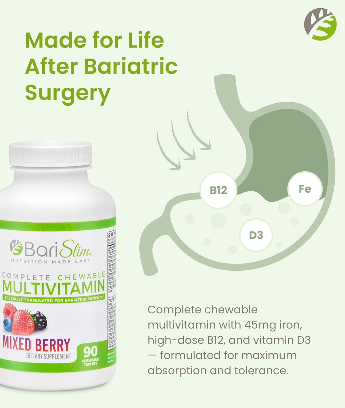 BariSlim Complete Chewable Bariatric Multivitamin Tablets - 45 mg Iron - Mixed Berry - 90 Tablets - görsel 4