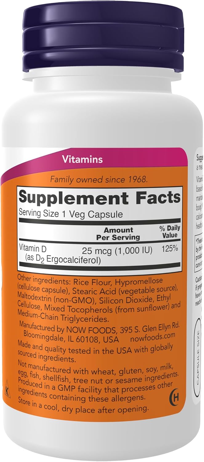 NOW Foods Vitamin D 1,000 IU Dry – High Potency, Vegan, 120 Vegan Capsules - görsel 2