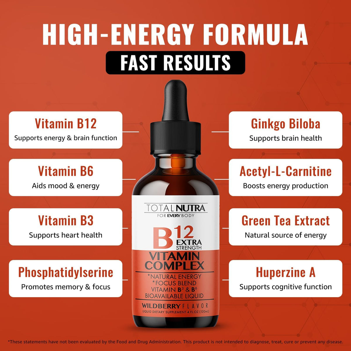 Total Nutra Extra Strength Liquid B12 Vitamin Drops – Vegan, Non-GMO, with B6, B3, Green Tea, Carnitine & Ginkgo Biloba - görsel 2
