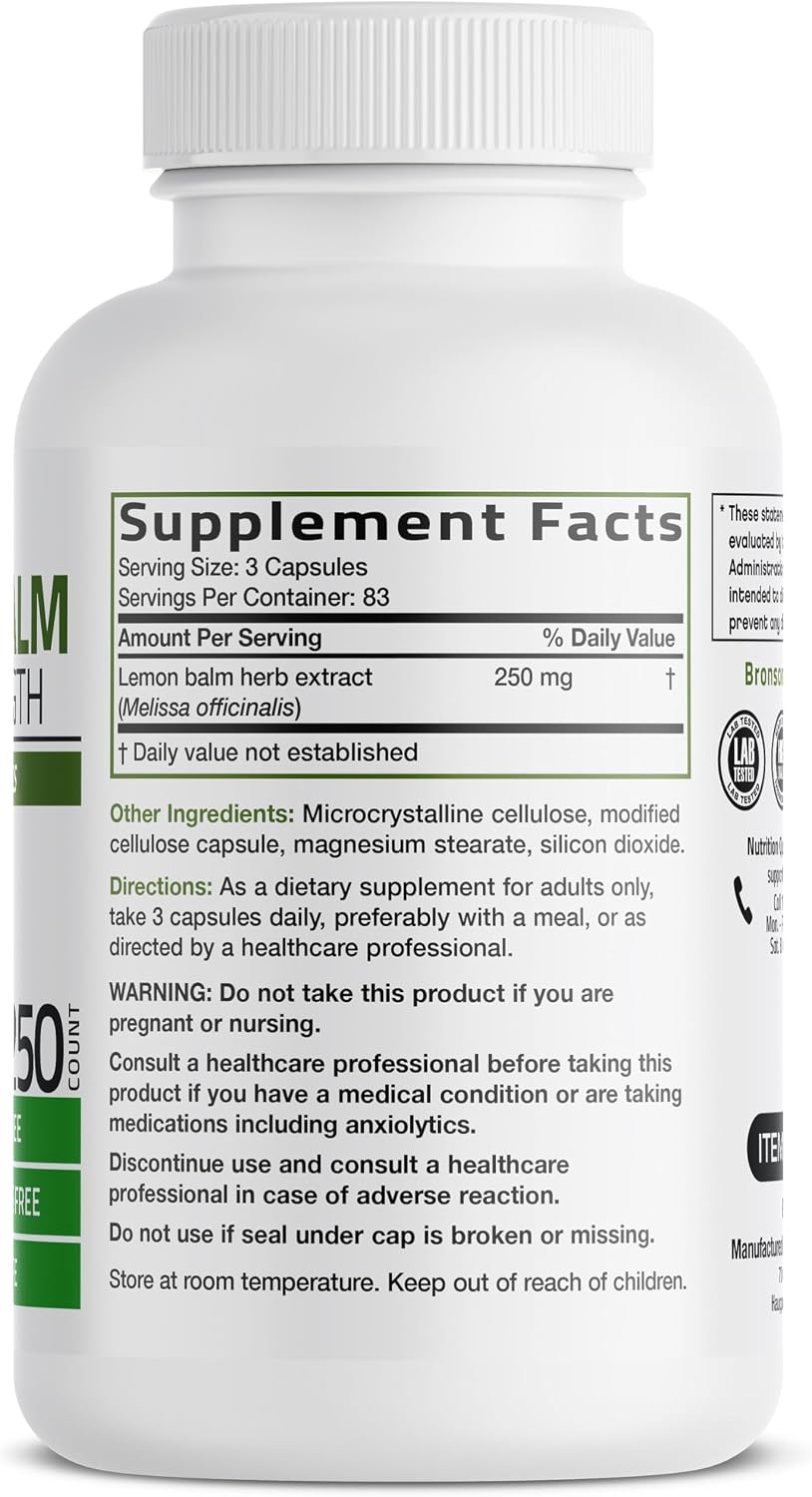 Bronson Melissa Lemon Balm Extra Strength, Non-GMO, 250 Vegetarian Capsules - görsel 2