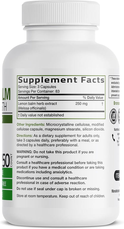 Bronson Melissa Lemon Balm Extra Strength, Non-GMO, 250 Vegetarian Capsules