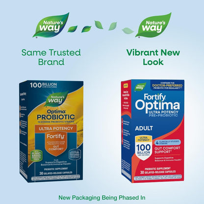 Nature's Way Fortify Optima Probiotic for Adults, 100 Billion Live Cultures, 16 Strains, Supports Digestive and Immune Health, Plant-Based Prebiotic Fibre, 30 Capsules (Packaging May Vary)