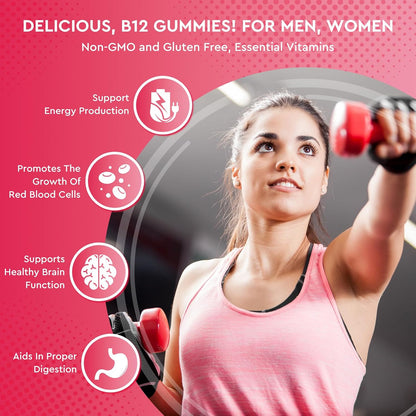 Vitamin B12 Gummies - 5000 mcg Methylcobalamin Complex with Iron, Vitamin C, D3 & Folate - Energy & Immunity Support - Vegan, Cherry Flavour - 60 Gummies