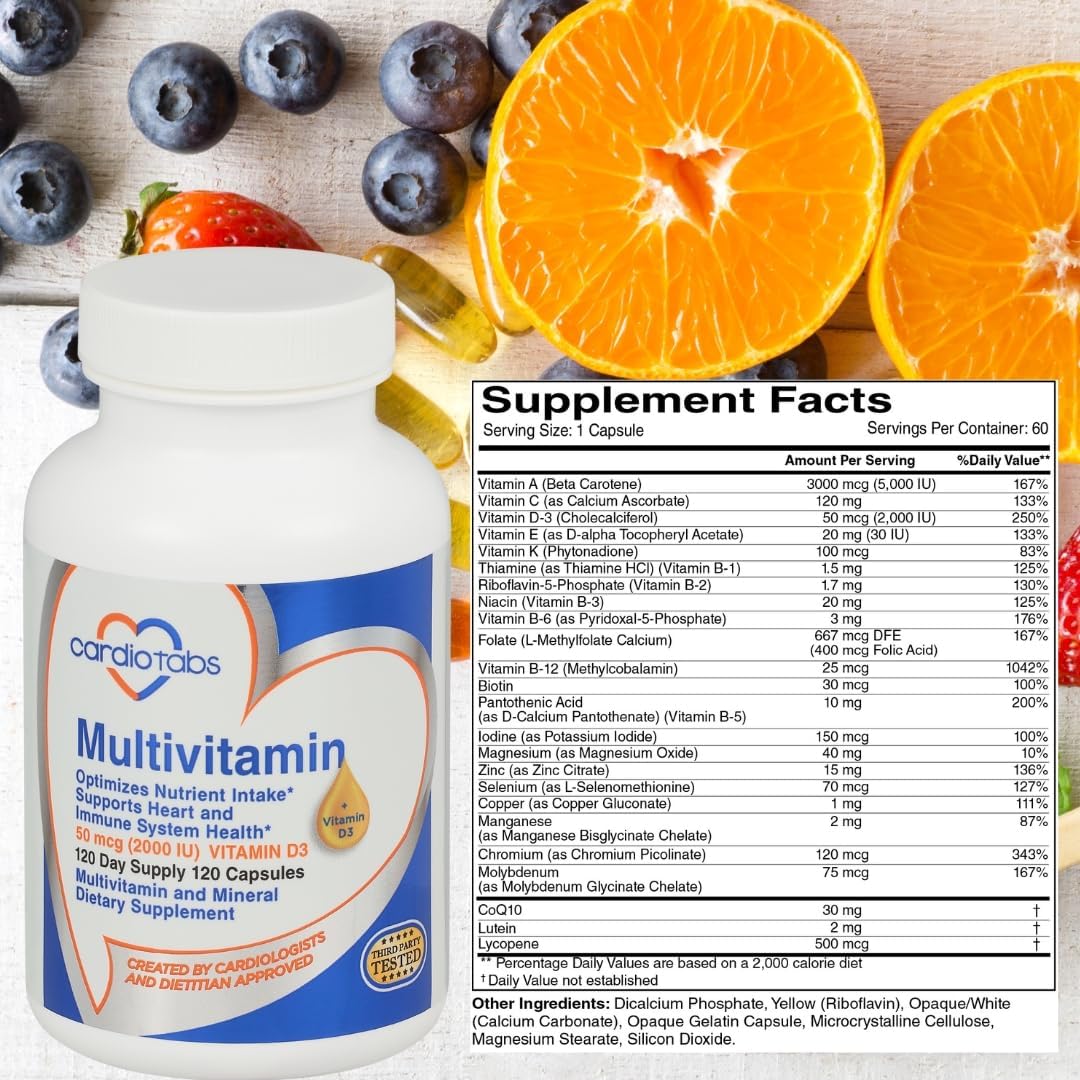 CardioTabs Multivitamin for Men & Women – Heart and Immune System Support with Vitamins A, C, D3, E, K, B-Complex, Minerals, CoQ10, Lutein, Lycopene – 120 Capsules - görsel 3