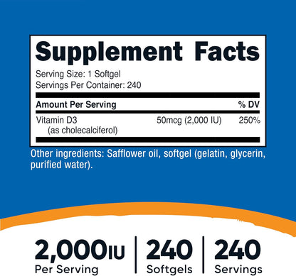 Nutricost Vitamin D3 2000 IU Softgels, 240 Softgels - Non-GM & Gluten-free