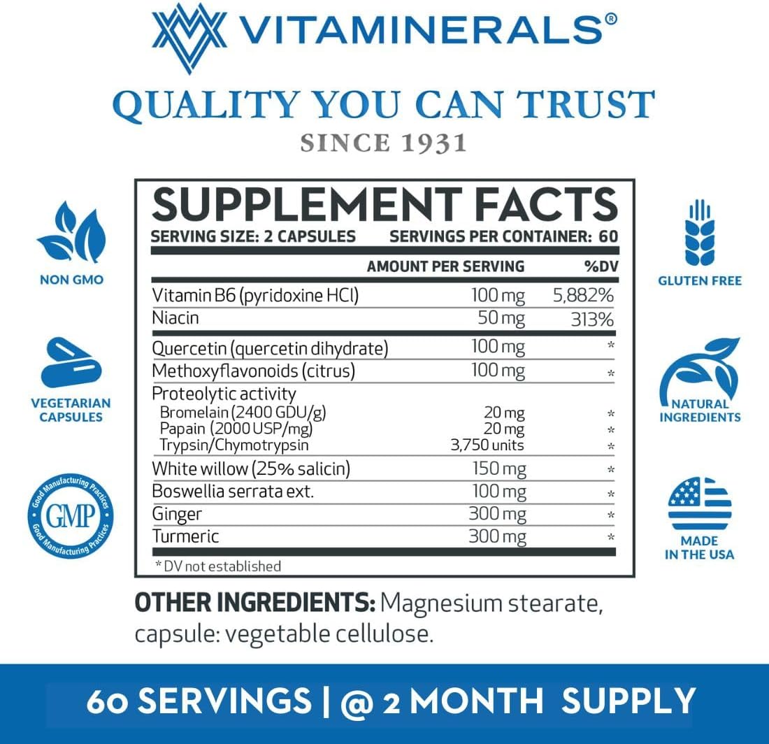 Vitaminerals® 121+ Inflamax® Plus | Quercetin | Proteolytic Enzymes | Ginger | Turmeric | Veg Caps (120) - görsel 4