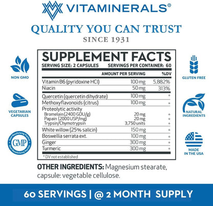 Vitaminerals® 121+ Inflamax® Plus | Quercetin | Proteolytic Enzymes | Ginger | Turmeric | Veg Caps (120)
