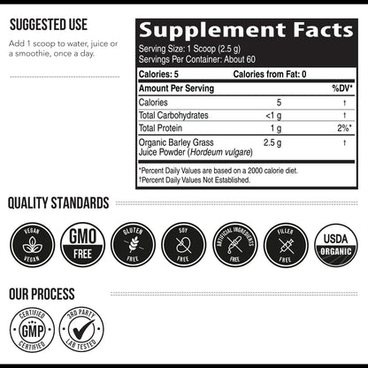 Organic Barley Grass Juice Powder - Grown in Volcanic Soil of Utah - Raw & BioActive Form, Cold-Pressed then CO2 Dried – Gluten-free, GMO free, Vegan - 150 g