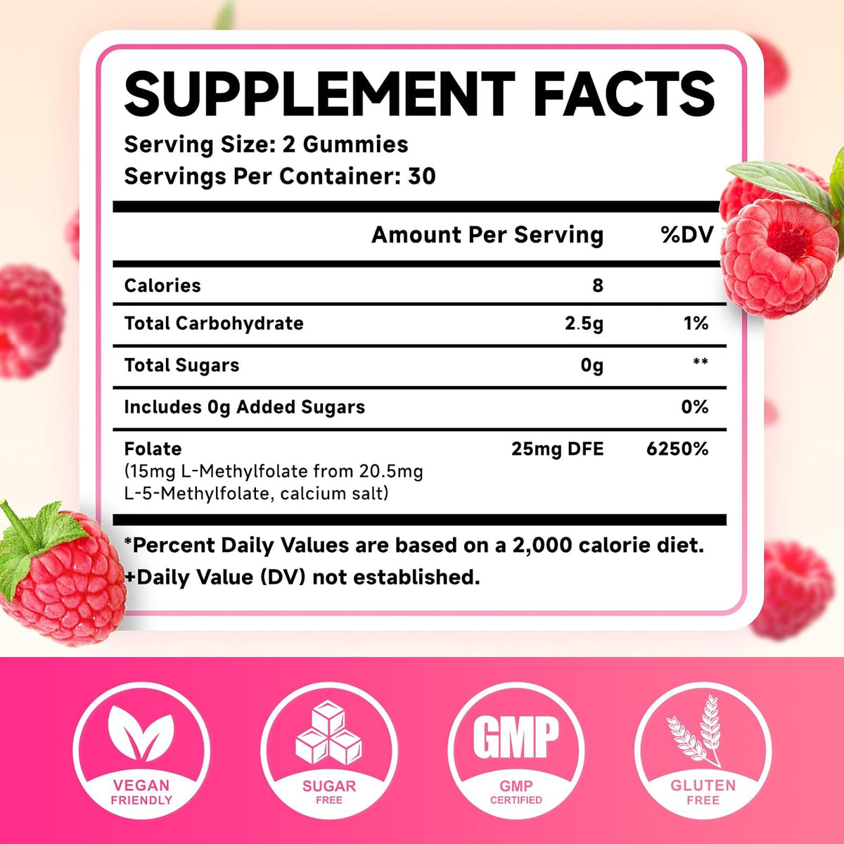 MEENCCD 2 Pack L-Methylfolate Gummies - Active 5-MTHF Supplement - Vegan, Raspberry Flavour (120 Count) - görsel 2
