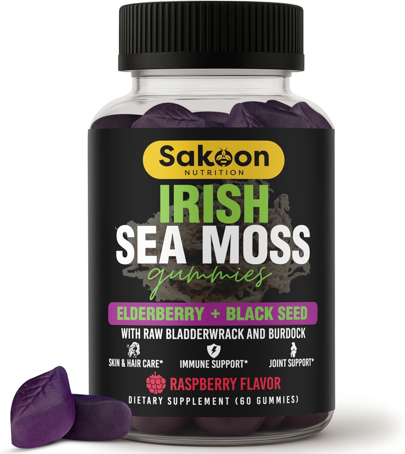 Irish Seamoss Gummies with Elderberry & Black Seed Oil, Bladderwrack - Raspberry, 60 Gummies - görsel 1