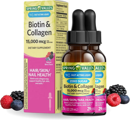 Liquid Biotin and Collagen 15000 mcg, Natural Berry Flavour, Drops for Hair, Skin, Nails (Pack of 2)