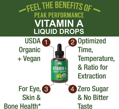 USDA Organic Vitamin A Liquid Drops - Vegan High Bioavailability Retinyl Palmitate for Eye, Skin and Immune Health
