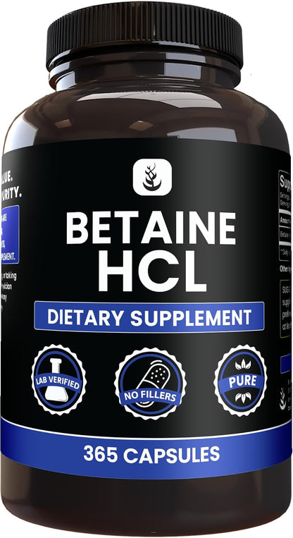 PURE ORIGINAL INGREDIENTS Betaine HCL – 100 Capsules – Pure, No Additives, Lab Verified
