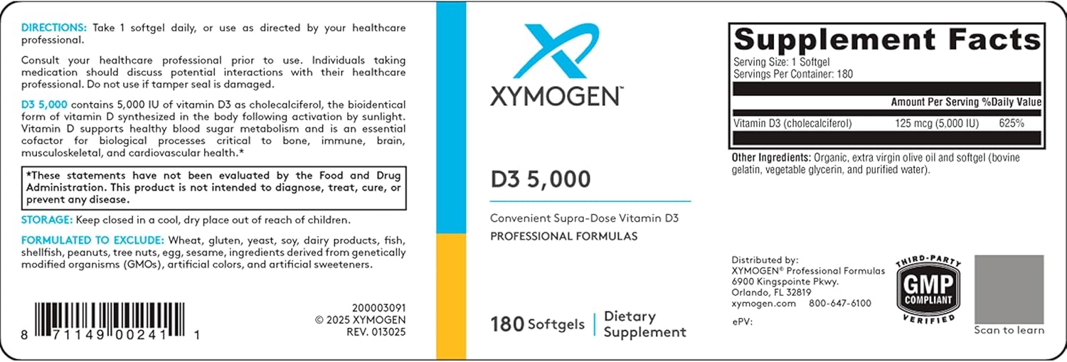 XYMOGEN D3 5000 - Bioavailable Vitamin D3 5000 IU (125 mcg) - High Strength Vitamin D Supplement for Immune and Bone Health Support - 180 Softgels - görsel 3