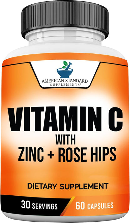 American Standard Supplements Vitamin C 2000mg, Zinc 40mg, and Rose Hips 50mg Per Serving, 120 Capsules