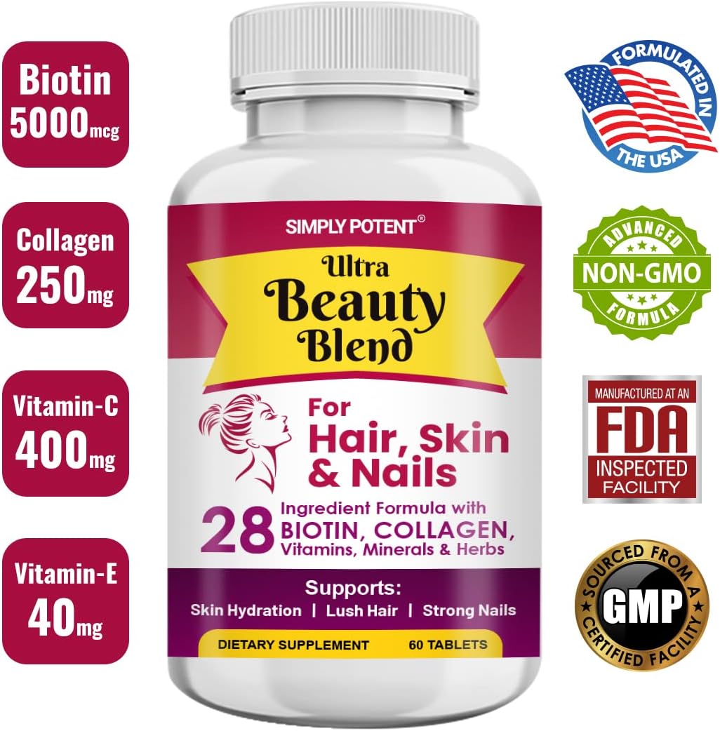 Simply Potent Hair Skin and Nails Vitamins - 28 Ingredient Anti-Ageing Supplement with Biotin 5000mcg, Keratin, MSM, Collagen, Hyaluronic Acid - 60 Tablets - görsel 3
