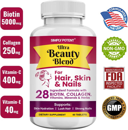 Simply Potent Hair Skin and Nails Vitamins - 28 Ingredient Anti-Ageing Supplement with Biotin 5000mcg, Keratin, MSM, Collagen, Hyaluronic Acid - 60 Tablets