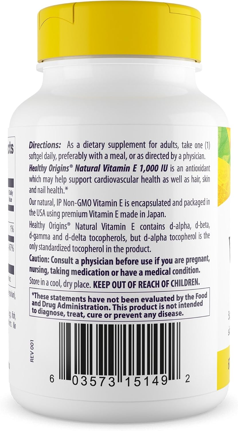 Healthy Origins Vitamin E 1000 IU (Natural) Mixed Tocopherols - 60 Softgels - görsel 3