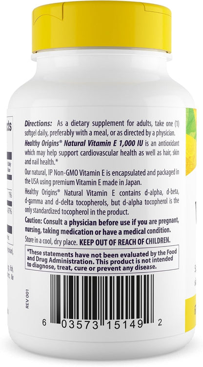 Healthy Origins Vitamin E 1000 IU (Natural) Mixed Tocopherols - 60 Softgels