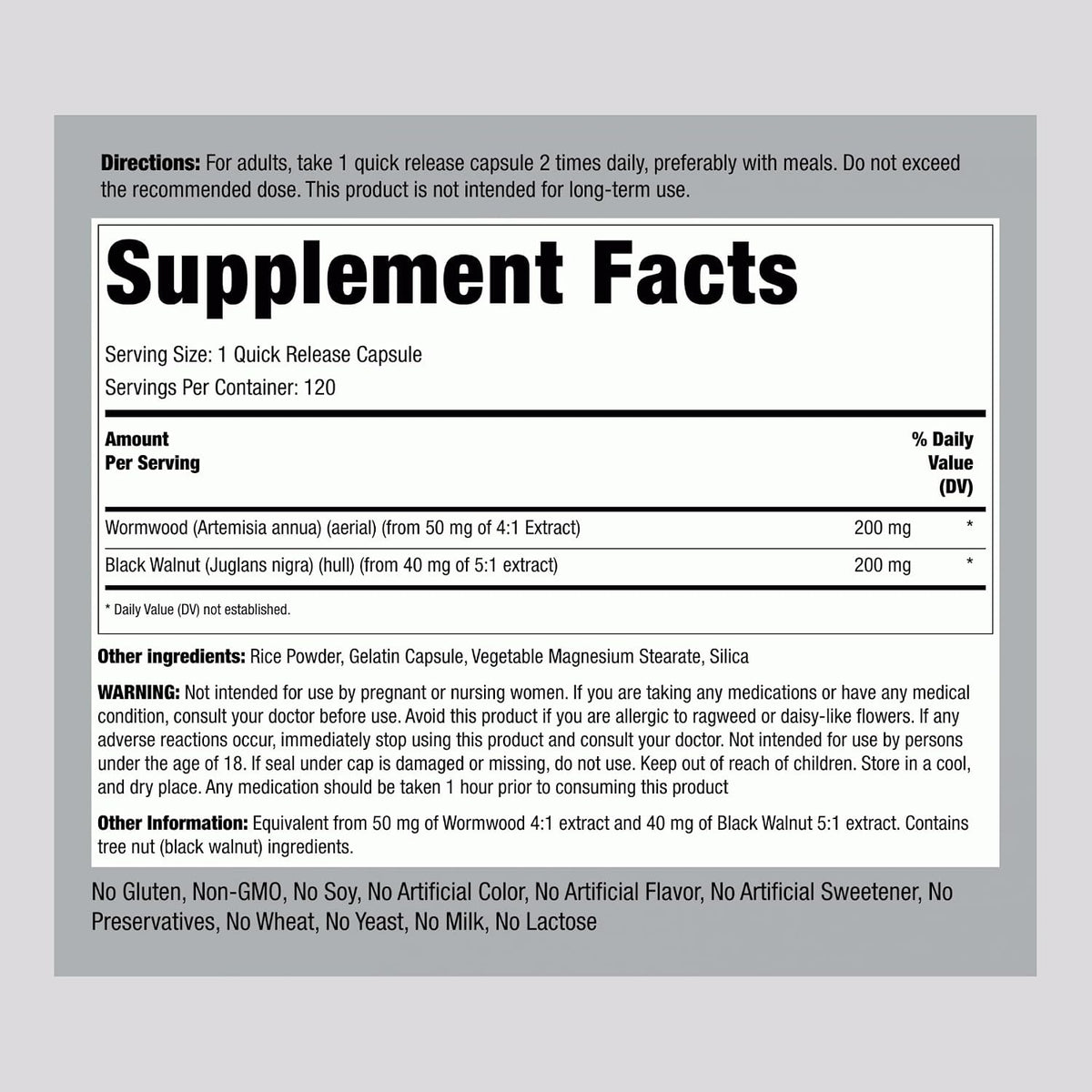 Piping Rock Wormwood Black Walnut Capsules - Herbal Extract Complex, 120 Count - görsel 2