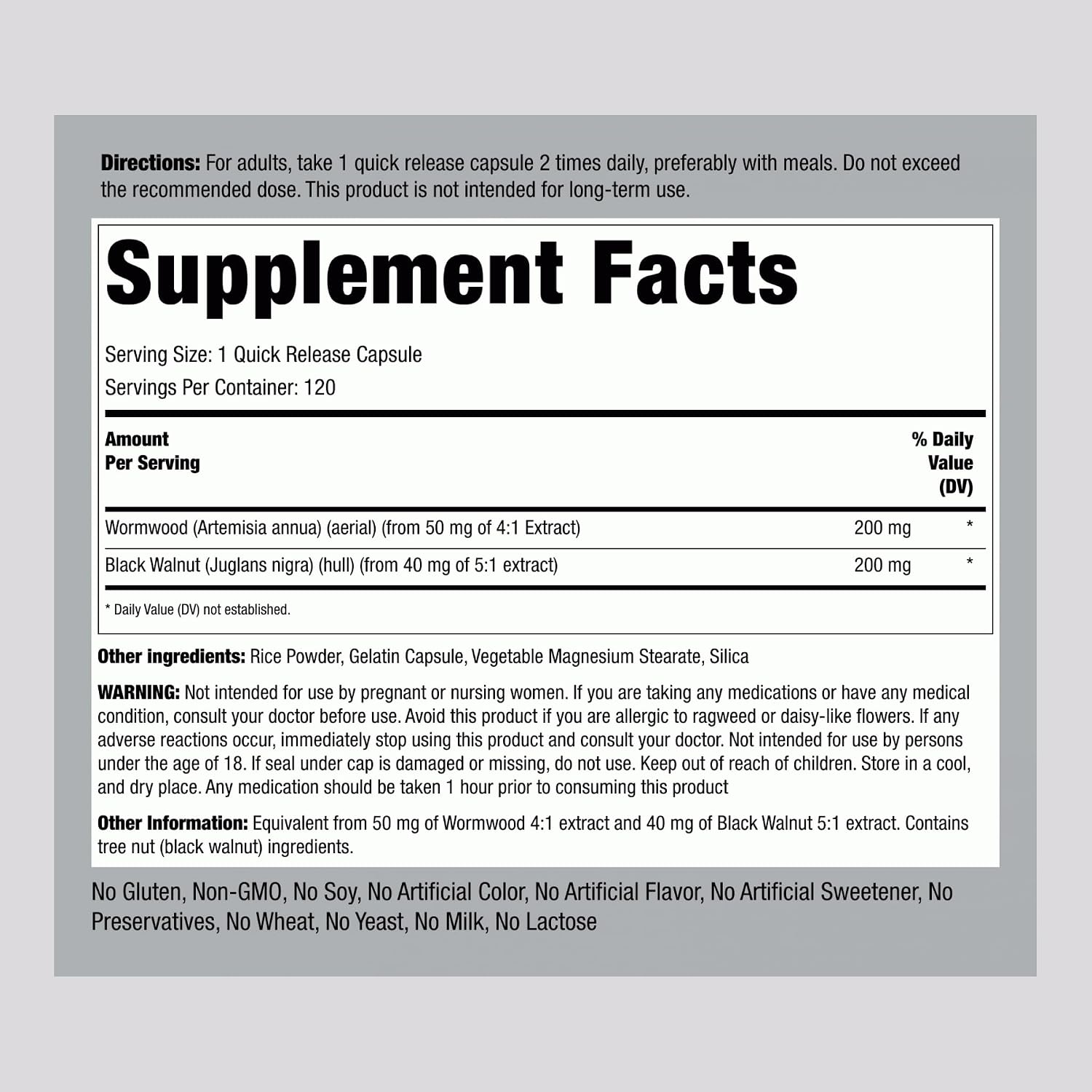 Piping Rock Wormwood Black Walnut Capsules - Herbal Extract Complex, 120 Count - görsel 2