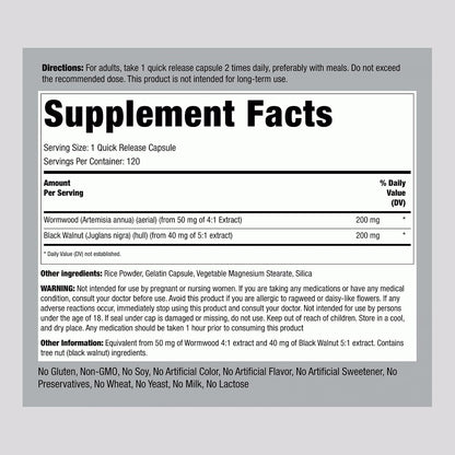 Piping Rock Wormwood Black Walnut Capsules - Herbal Extract Complex, 120 Count