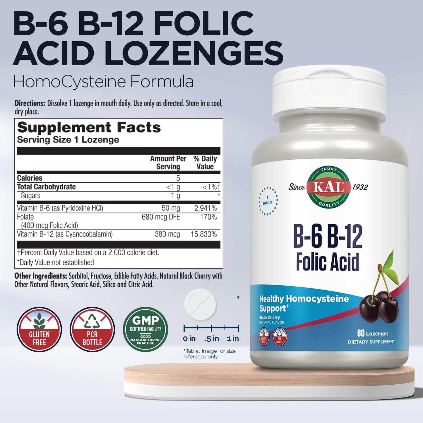 KAL Vitamin B-6, B-12, and Folic Acid Supplement - Methylcobalamin and Folate Lozenges - Natural Cherry - Gluten Free - 60 Servings - görsel 3