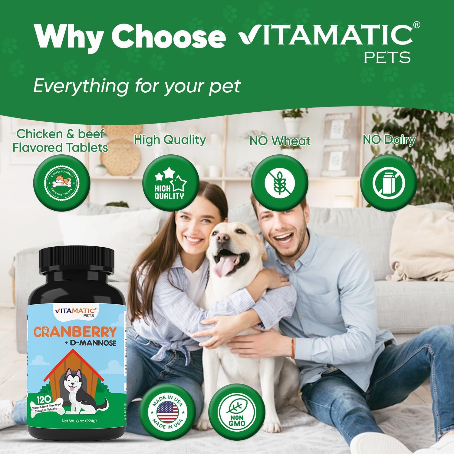 Vitamatic Cranberry for Dogs – 120 Chewable Tablets – Urinary Tract & Bladder Support with D-Mannose, Apple Cider Vinegar & Vitamin C - görsel 4