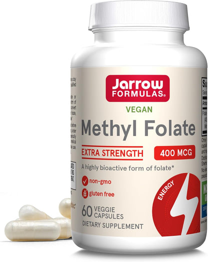 Jarrow Formulae Extra Strength Methyl Folate 400 mcg, Dietary Supplement for Homocysteine Metabolism & Psychological Function, 60 Vegetable Capsules, 60-Day Supply