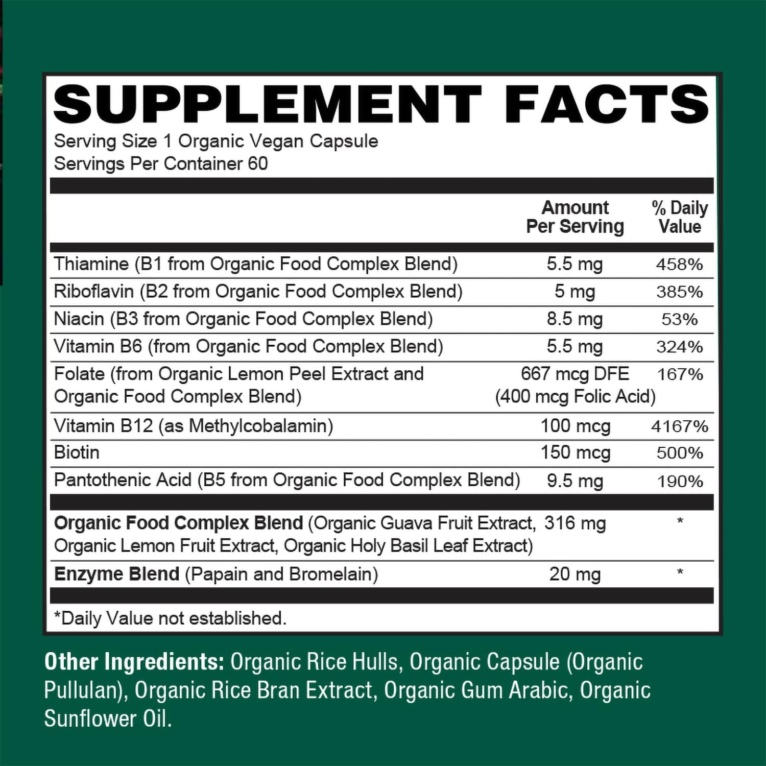 PlantFusion Organic Vitamin B-Complex - Vegan Wholefood Supplement for Energy & Metabolism, Methylated B12, Guava, Lemon & Basil, Non-GMO, Gluten-free - 60 Capsules - görsel 5