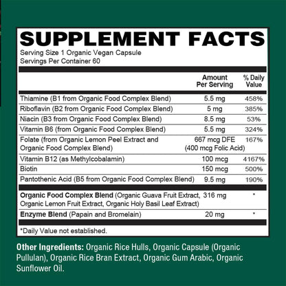 PlantFusion Organic Vitamin B-Complex - Vegan Wholefood Supplement for Energy & Metabolism, Methylated B12, Guava, Lemon & Basil, Non-GMO, Gluten-free - 60 Capsules