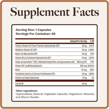 Utzy Naturals Vitamin B Complex | Contains All 8 Essential B Vitamins | with Choline and Inositol | 60 Capsules