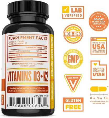 Zhou D3+K2 - Vitamin D3 K2 Food Supplement with 5000 IU D3 and 90 mcg MK-7 - 60 Veggie Capsules