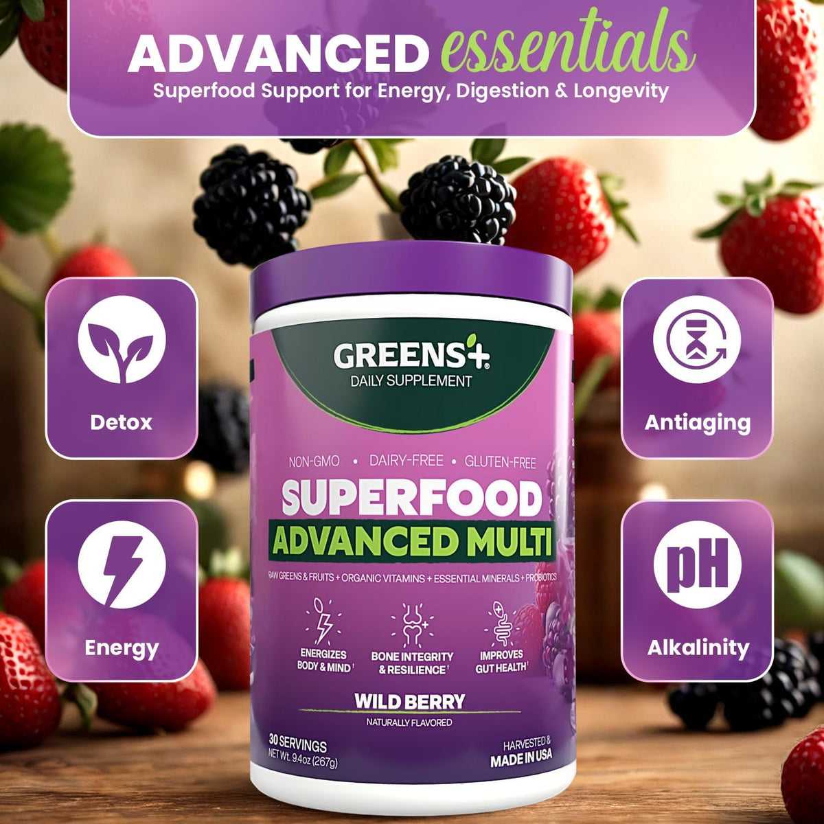 Greens+ Advanced Multi Wild Berry Superfood Powder - görsel 5