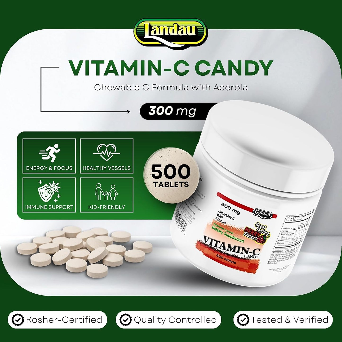 LANDAU Chewable Vitamin C with Acerola - 300mg, 500 Berry Flavour Tablets - görsel 2