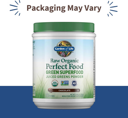 Garden of Life Raw Organic Perfect Food Green Superfood Juiced Greens Powder - Chocolate, 30 Servings - Non-GMO, Gluten-free, Vegan Whole Food Supplement, Plus Probiotics & Enzymes