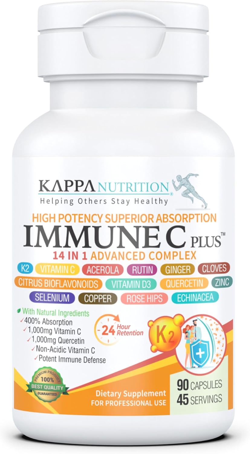 KAPPA NUTRITION Immune C Plus - 14-in-1 Complex with Quercetin, Vitamin C, Zinc, Vitamin D3, Selenium, Copper, Acerola, Ginger, Rutin, Bitter Orange, Rose Hips, Echinacea, Vitamin K2, Cloves (90 Capsules) - görsel 1